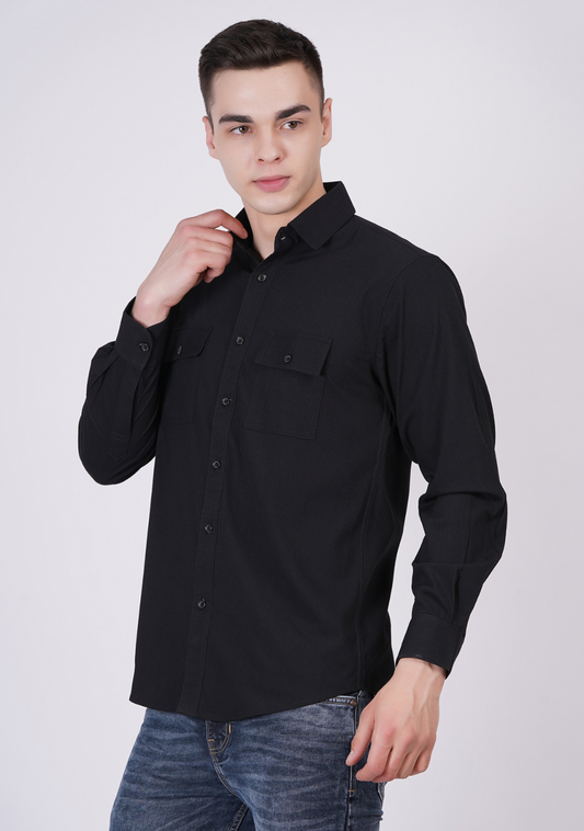 Men Double Pocket Popcorn Premium Black Shirt