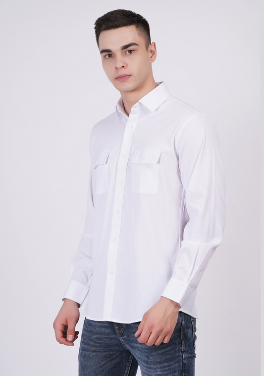 Men Double Pocket Popcorn Premium White shirts