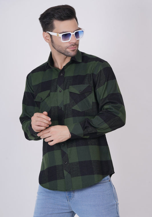 Olive-Green Checked Shirts For Men - ASHTOM