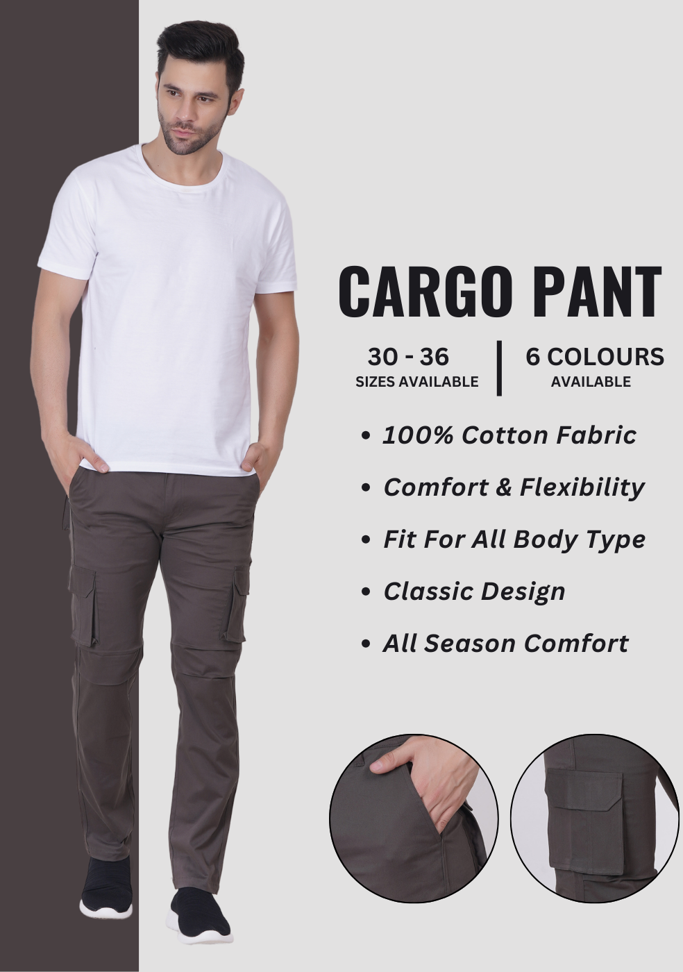 Men Regular fit Cargo Pant With Cross Pocket - ASHTOM